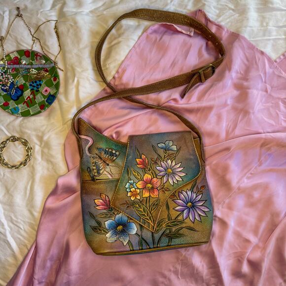 🎨SORA Hand-Painted Genuine Leather Crossbody Bag | Butterfly & Floral ArttoWear - Picture 1 of 5